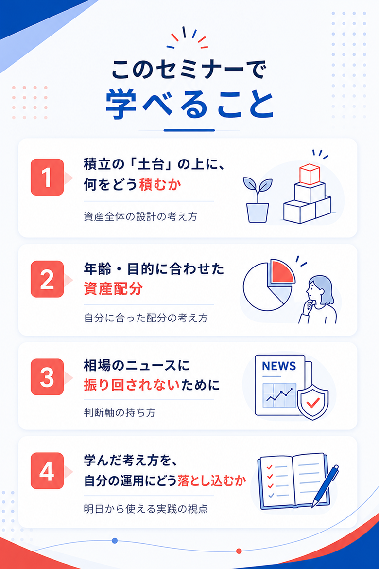 このセミナーで学べること。積立の土台の上に何をどう積むか、年齢や目的に合わせた資産配分、相場のニュースに振り回されない判断軸、学んだ考え方を自分の運用へ落とし込む方法。